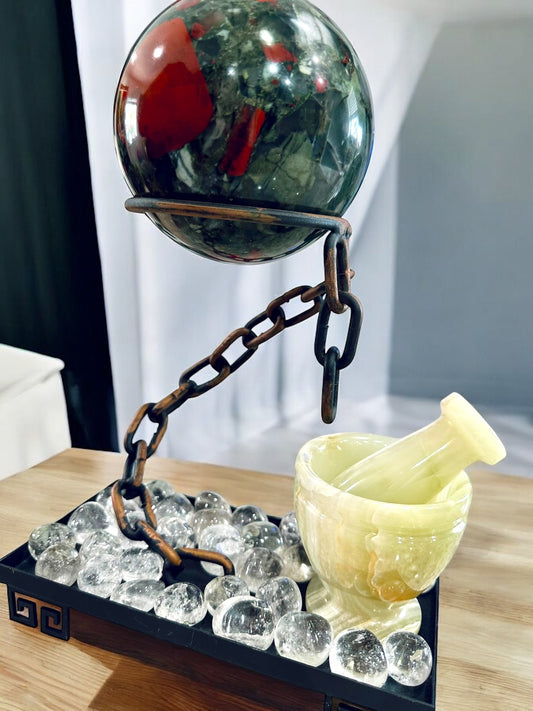 Counter Kitchen Centerpiece - Large African Blood Sphere displayed with a lemon jade mortar grinder and rainbow clear quartz - REIKI LUNAS, CRAFTS & ARTISAN