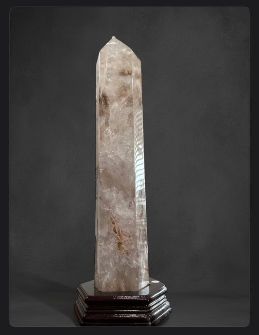 Large Clear Quartz mixed with Fire Quartz Tower in custom wood stand - REIKI LUNAS, CRAFTS & ARTISAN