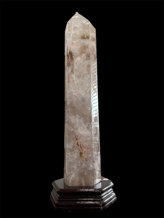 Large Clear Quartz mixed with Fire Quartz Tower in custom wood stand - REIKI LUNAS, CRAFTS & ARTISAN