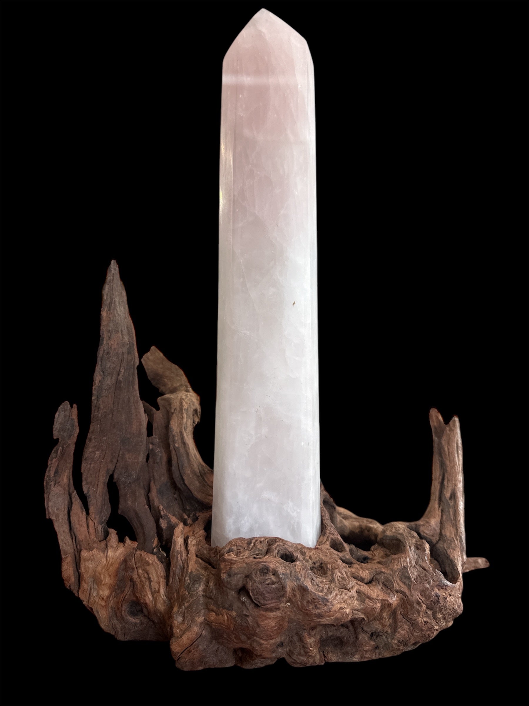 Large Rose Quartz Tower Statement Piece on a Natural Wood Branch Custom Stand - REIKI LUNAS, CRAFTS & ARTISAN