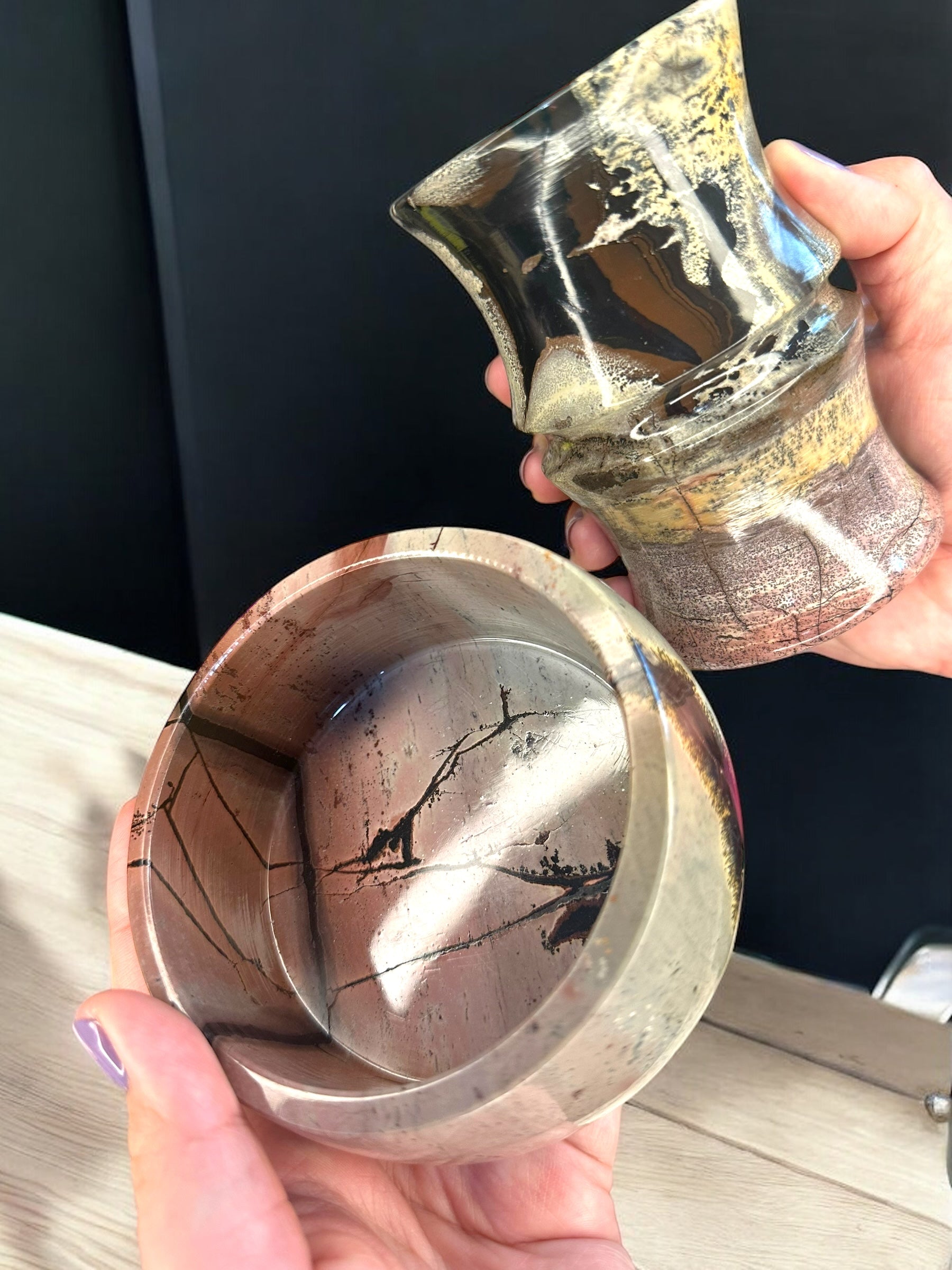 Picture Jasper Pink Bowl and Vase Set - Reiki Lunas Shop