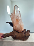 Load image into Gallery viewer, Red Clear Quartz Cluster on a hand crafted wood stand - Reiki Lunas Shop
