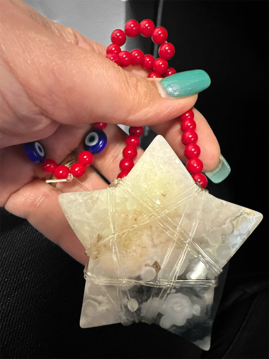 Red Evil Eye protection string with black Agate Star amulet for car, purse, pockets or office - REIKI LUNAS, CRAFTS & ARTISAN