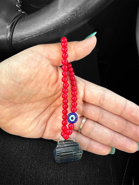 Red Evil Eye protection string with black tourmaline amulet for car, purse, pockets or office - REIKI LUNAS, CRAFTS & ARTISAN